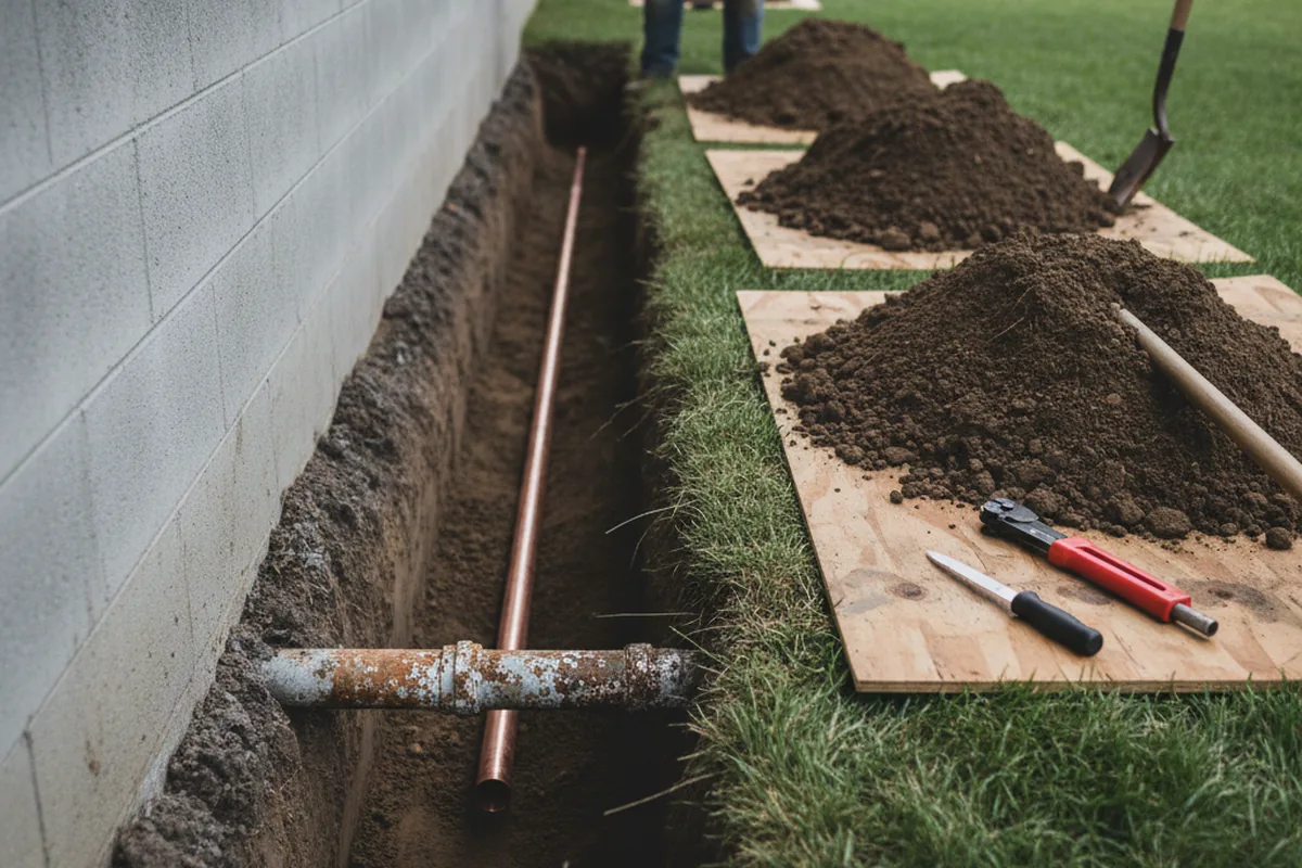 Excavated water line trench during Sewer Line Repair in Depauville